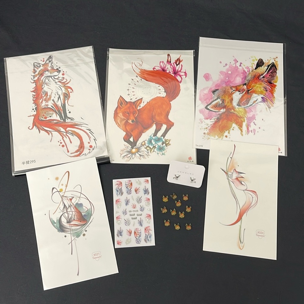 Fox Themed Bundle - Earrings, (2) Nail Arts and Temporary Tattoos